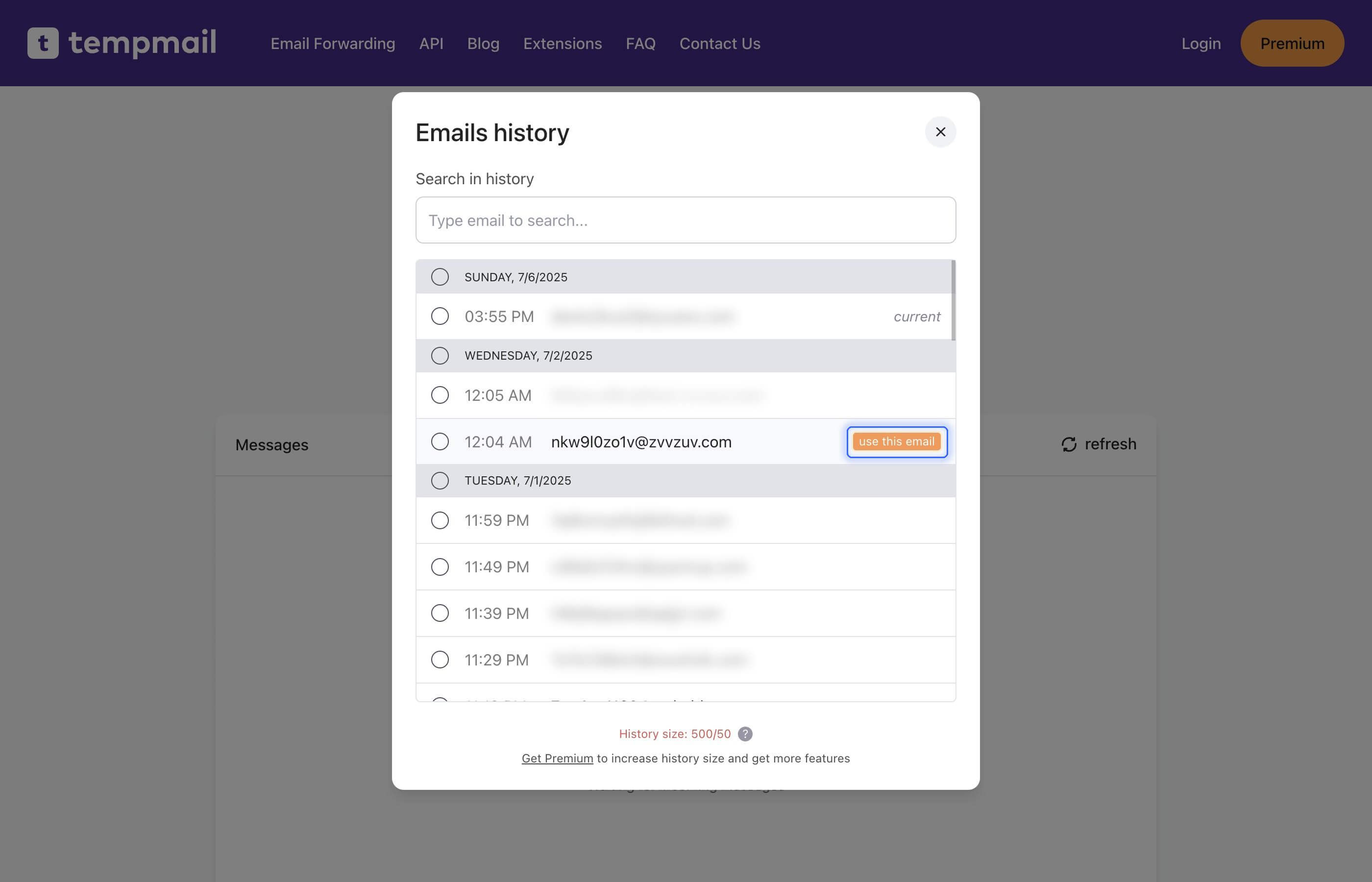 Emails history popup